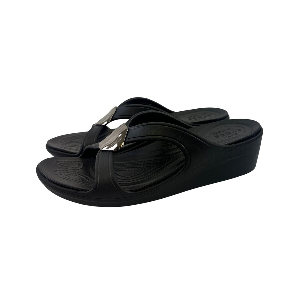 Crocs Sanrah Liquid Metallic Wedge Sandal Black Medallion 205599 Comfort Women 9